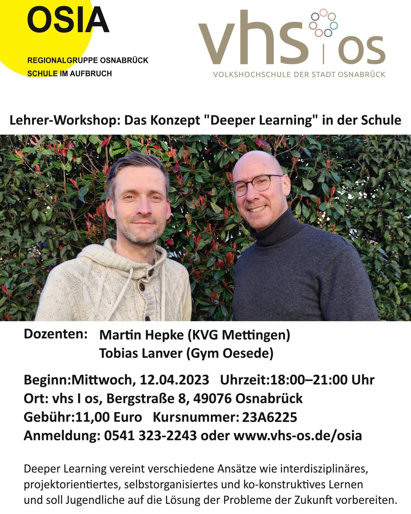 Noch Plätze frei!!!Und weiter gehts!🤩Nach unserer mehr als erfolgreichen Auftaktveranstaltung mit der Kultusministerin Frau Hamburg und der Bildungsinnovatorin Frau Rasfeld freuen wir uns, unser Programm gemeinsam mit euch fortzusetzen🥳Am 12. April werden zwei unserer Mitglieder, Martin Hepke und Tobias Lanver, einen Workshop zum Thema „Deeper Learning“ geben. Dieser richtet sich vor allem an Lehrer*innen, willkommen ist aber natürlich wie immer JEDE*R!In drei Stunden soll es dabei intensiv darum gehen, wie ein Unterricht konzipiert werden kann, der den Lernenden tiefgreifend Wissen vermittelt und basierend auf Selbstregulation, Interdisziplinarität, Projektorientierung und Ko-Konstruktivität effektive Lernprozesse und -formen hervorbringt.Dieses Thema passt hervorragend zu dem Ethos von OSIA und wir sind mehr als gespannt, mit euch mehr zu erfahren!😃Der Link zur Anmeldung findet sich in dem Linktree in der Biographie!Bis schon ganz bald😊#schuleimaufbruch #osnabrückschuleimaufbruch #schulentwicklung #deeperlearning #bildung #workshop #lernen